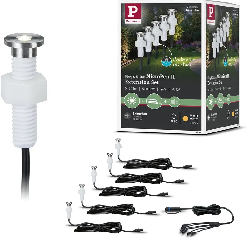 Plug & Shine LED-grondinbouwlamp MicroPen II Uitbreidingsset IP67 3000K 5x0,2W by Paulmann in Silver – product photo