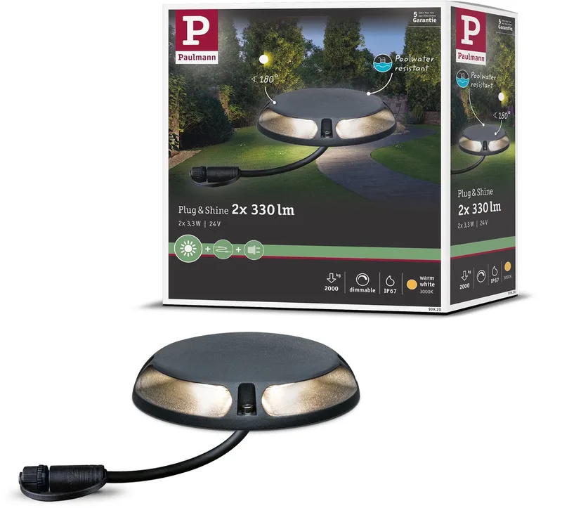 Plug & Shine LED-jordpåbygningslampe, varm hvid, løs spot, dobbelt lysudgang, 180° IP67 3000K 2x3,3W fra Paulmann i Antracit – produktbillede