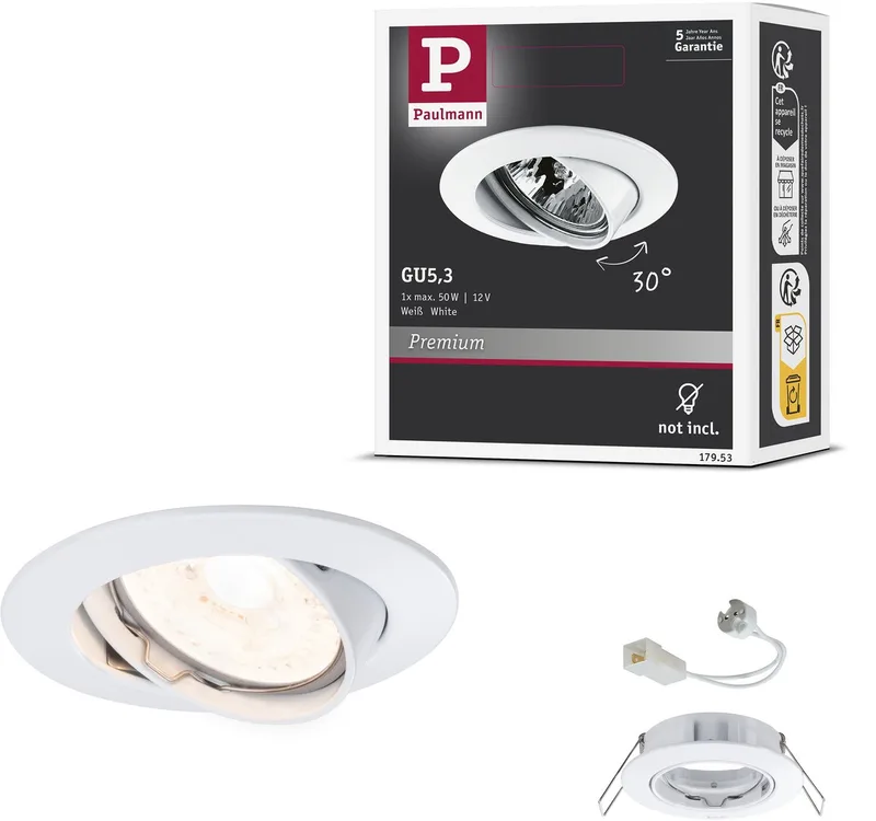Premium Inbouwlamp zwenkbaar rond 83 mm 30° GU5,3 max. 50W 230/12V dimbaar von Paulmann in Weiß – Produktfoto