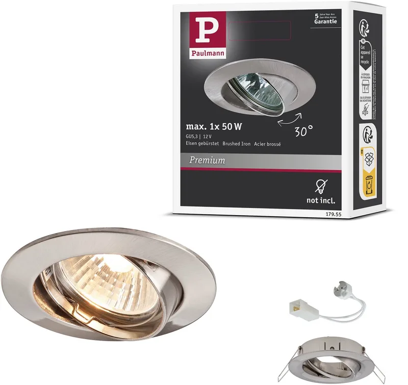 Premium Inbouwlamp zwenkbaar rond 83 mm 30° GX5,3 max. 50W 230/12V dimbaar von Paulmann in Staal geborsteld – Produktfoto