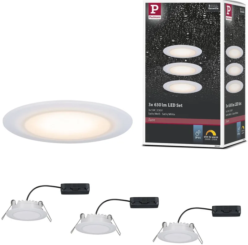 Premium LED-inbouwlamp Dim to Warm Suon Basisset IP44 rond 90 mm 3x5W 3x450lm 230V dimbaar Dim to warm Satijn, Wit fra Paulmann i Satijn, Hvid – produktbillede