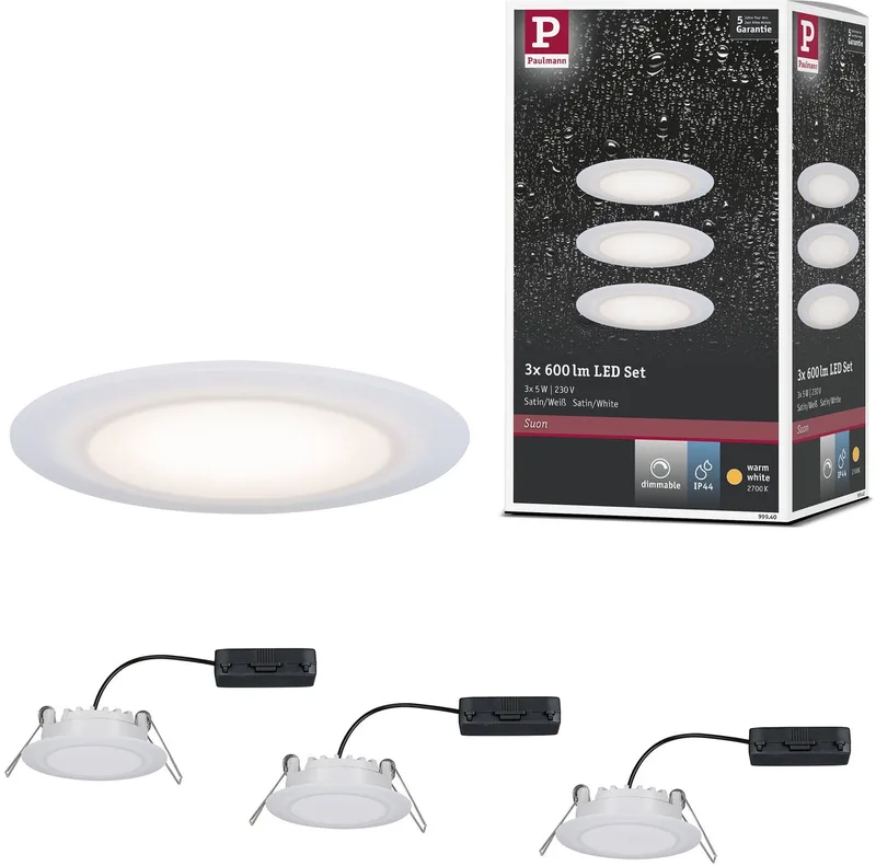 Premium LED-inbouwlamp Suon Basisset IP44 rond 90 mm 3x5W 3x450lm 230V dimbaar 2700K Satijn, Wit från Paulmann i Satijn, Vit – produktbild