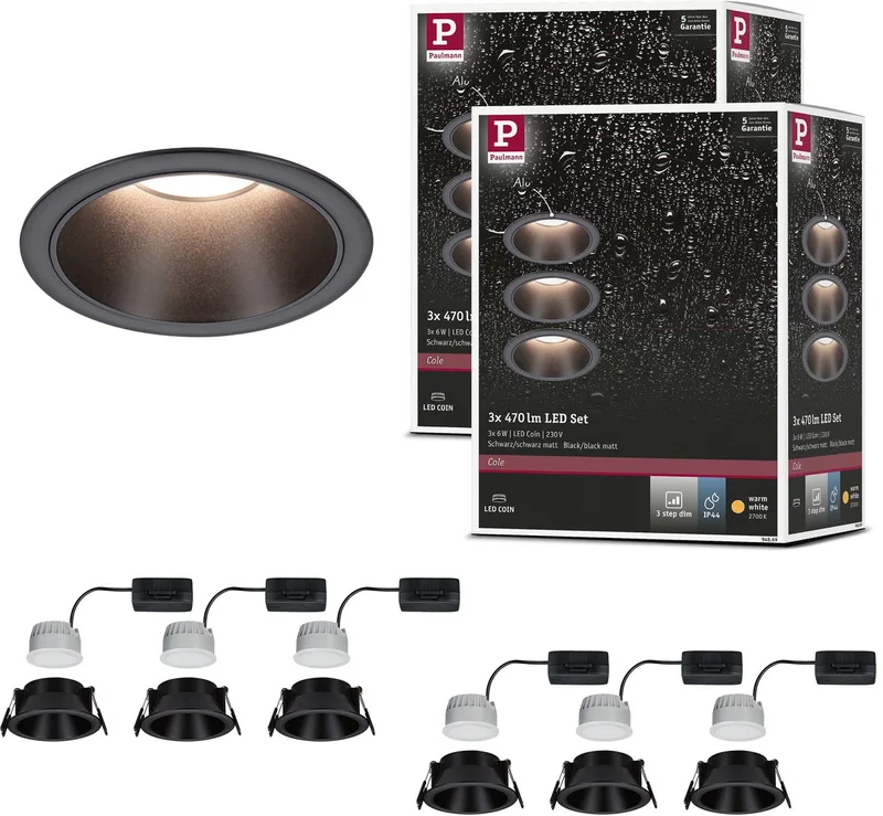 Set LED-inbouwlamp Cole Coin Set van 6 IP44 88 mm Coin 6x6W 6x470lm 230V dimbaar 2700K von Paulmann in Zwart mat – Produktfoto