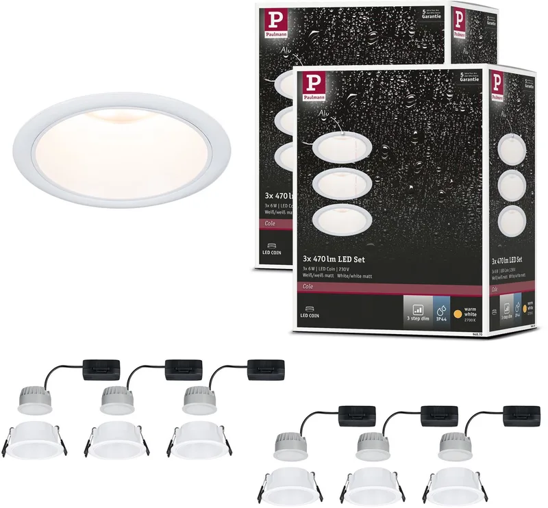 Set LED-inbouwlamp Cole Coin Set van 6 IP44 88 mm Coin 6x6W 6x470lm 230V dimbaar 2700K fra Paulmann i Wit mat – produktbillede
