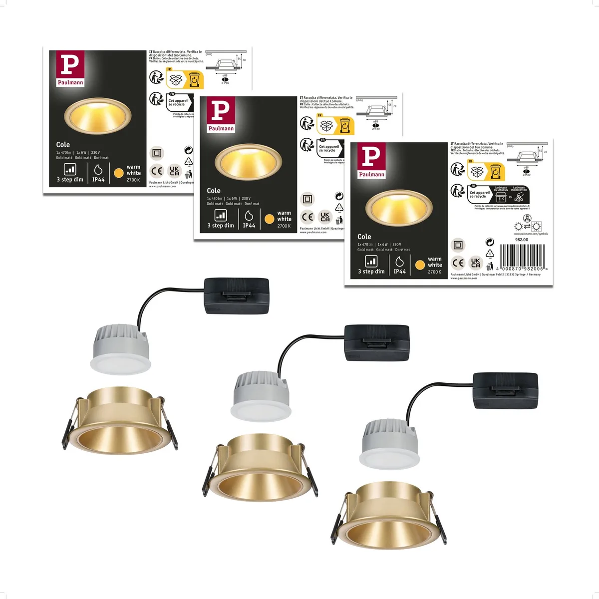 Set LED-inbouwlamp Cole IP44 88 mm 2700K 3x6W 3x470lm 230V Kunststof, Alu zink de Paulmann en Goud mat – photo produit