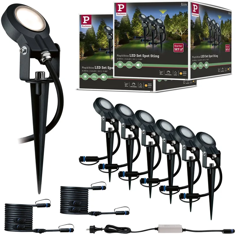 Set Plug & Shine LED-tuinspots Sting Set van 6 IP67 rond 52 mm 3000K 6x6,4W 6x270lm 230/24V Aluminium fra Paulmann i Antracit – produktbillede