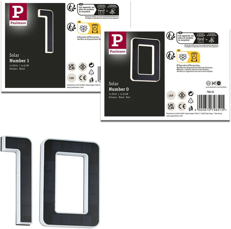 Set Solar LED-huisnummerverlichting incl. verwisselbare accu 3000K 2x6lm 2x0,2W de Paulmann en Noir – photo produit