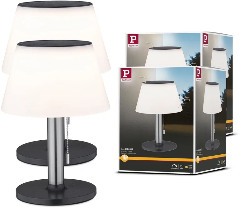 Set Solar LED-tafellamp Lillesol Set van 2 IP44 3000K 2x45lm von Paulmann in Edelstaal – Produktfoto