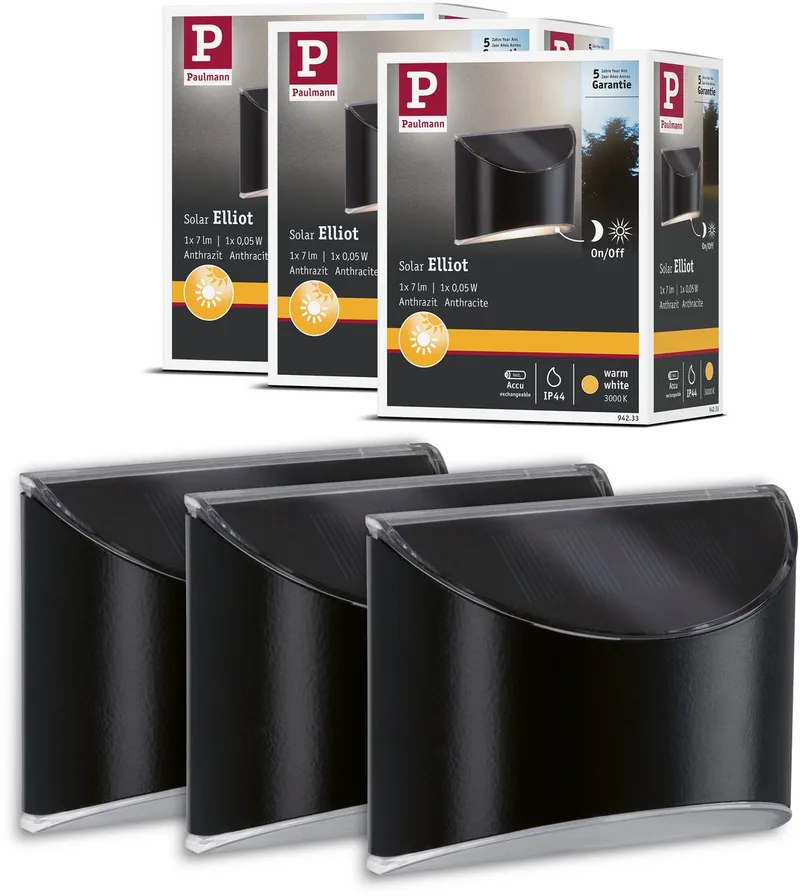 Set van 3 Solar LED Padverlichting Elliot - IP44 - Warmwit Licht (3000K) - 3x5 lm - Padverlichting Zonne-energie de Paulmann en Anthracite – photo produit