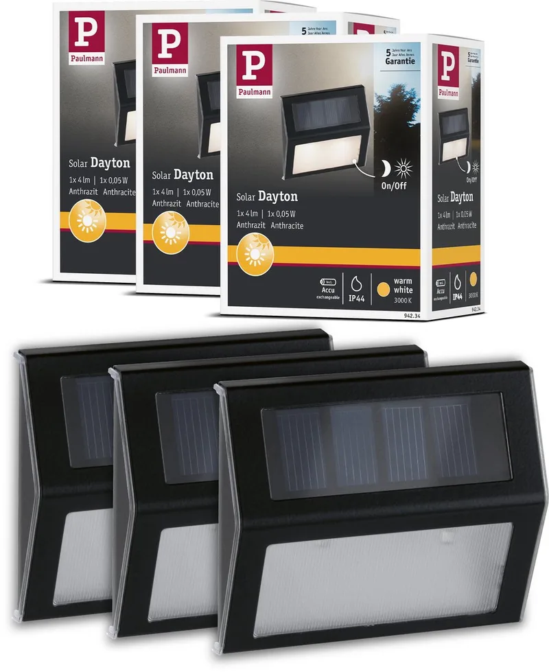 Set van 3 Solar LED Traplamp Dayton - IP44 - Warmwit Licht (3000K) - 3x2 lm - Traplamp Zonne-energie de Paulmann en Anthracite – photo produit