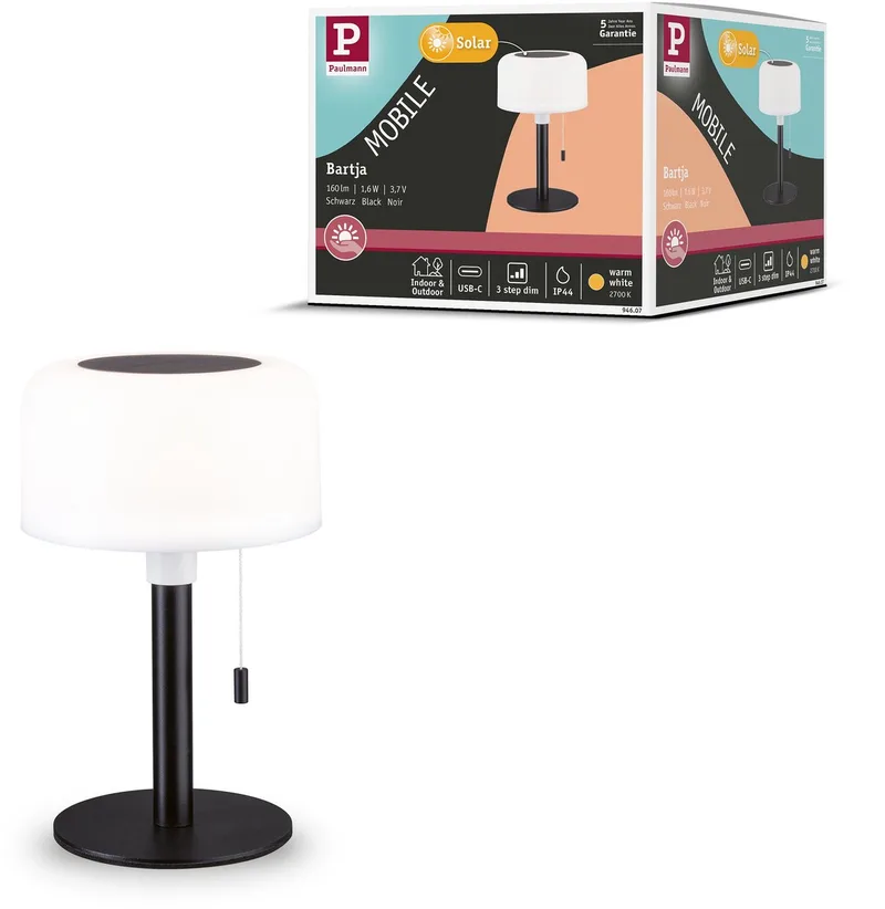 Solar lampe rechargeable Bartja IP44 dimmable 2700K de Paulmann en Noir – photo produit
