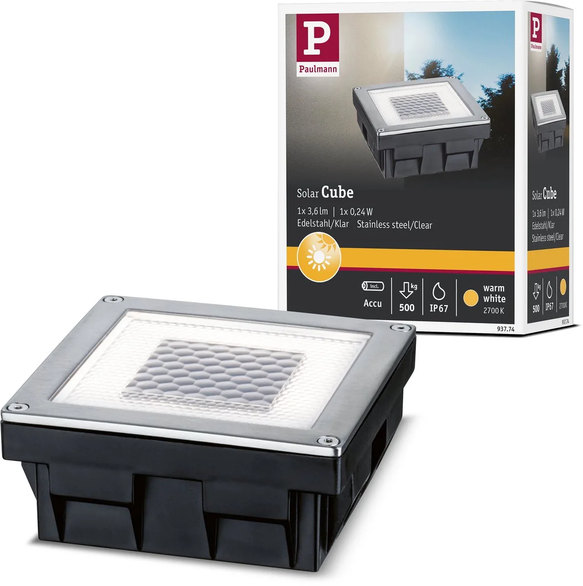 Solar LED-grondinbouwlamp Cube IP67 2700K 3,6lm Edelstaal, Helder fra Paulmann i Edelstaal, Helder – produktbillede