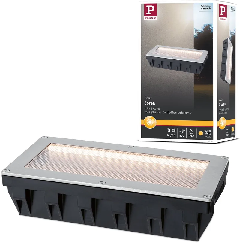 Solar LED-grondinbouwlamp Sorea Schemerings-sensor IP67 hoekig 200x100 mm 3000K 0,3W 16lm 3,7V ABS, Polycarbonaat, edelstaal by Paulmann in Staal geborsteld – product photo