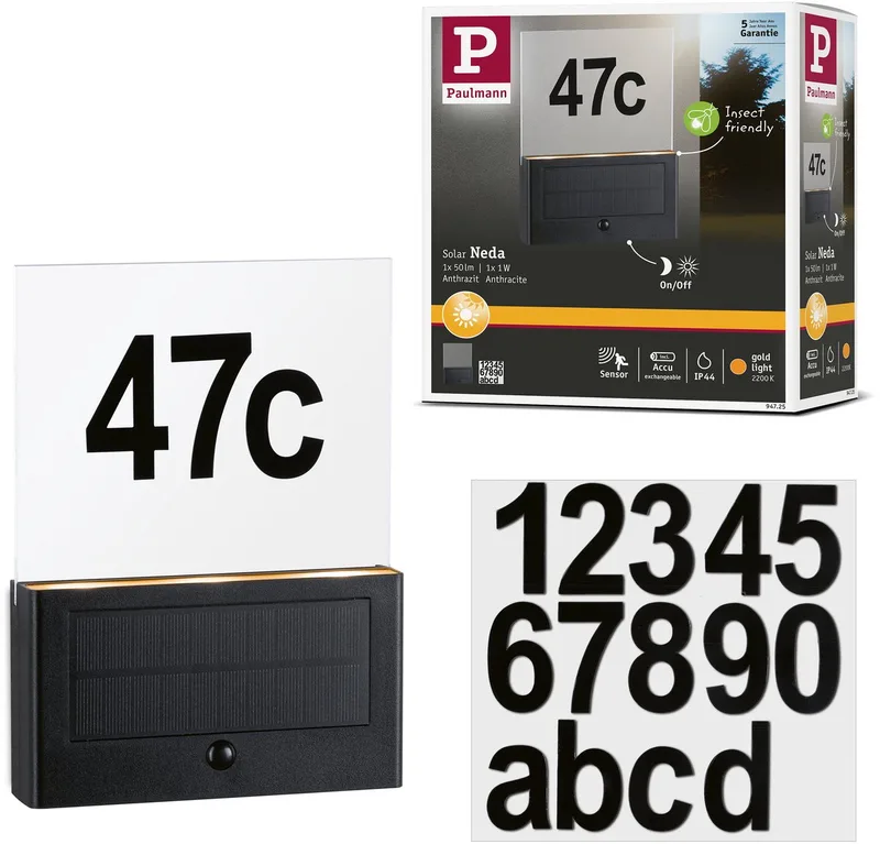 Paulmann 94725 Neda IP44 2200K Eclairage solaire pour numéro de maison CEE: A (A - G) 1 W or anthracite de Paulmann en Anthracite – photo produit