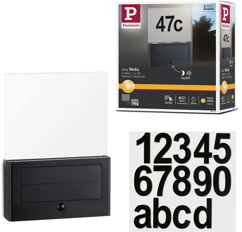 Paulmann 94577 Neda Eclairage solaire pour numéro de maison 1 W blanc chaud anthracite de Paulmann en Anthracite – photo produit