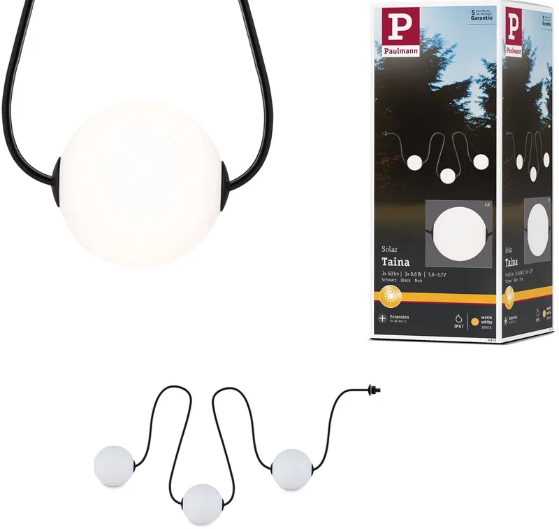 Solar LED-lichtketting Taina Uitbreidingsset IP67 3000K 1,71m 3x60lm fra Paulmann i Sort – produktbillede