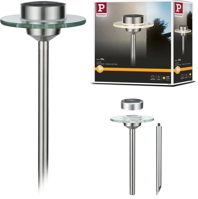 Spots de jardin solaires LED Ufo IP44 3000K acier inoxydable, transparent de Paulmann en Edelstaal, Helder – photo produit