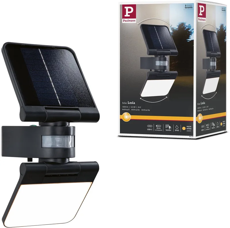 Solar LED wallwasher Lesla Schemergestuurde bewegingsmelder (IR) IP65 hoekig 150x319 mm 3000K 12,5W 1000lm 3,7V Kunststof från Paulmann i Antracit – produktbild