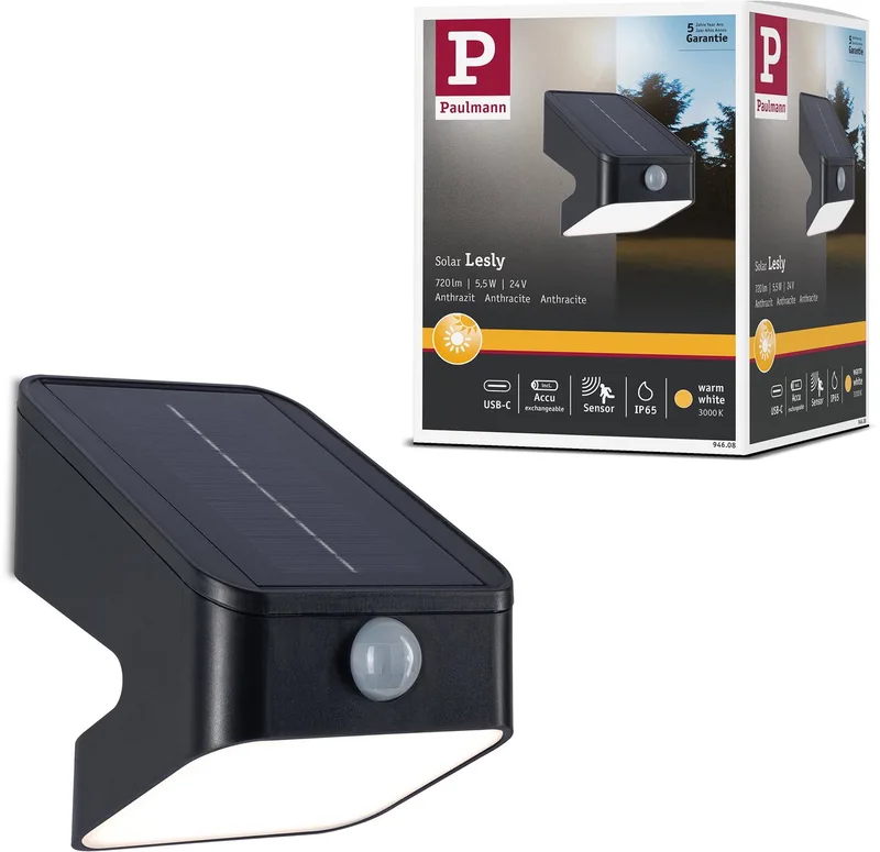 Paulmann 94608 Lesly Solcellevægspot med bevægelsessensor EEK: A (A - G) 5.5 W Varmhvid Antracit fra Paulmann i Antracit – produktbillede