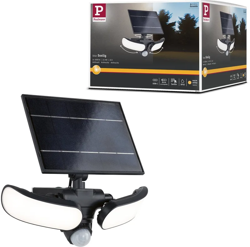 Solar LED wallwasher Sonlig Schemergestuurde bewegingsmelder (IR) IP65 hoekig 286x258 mm 3000K 2x9W 2x1100lm 3,7V Kunststof van Paulmann in Antraciet – productfoto