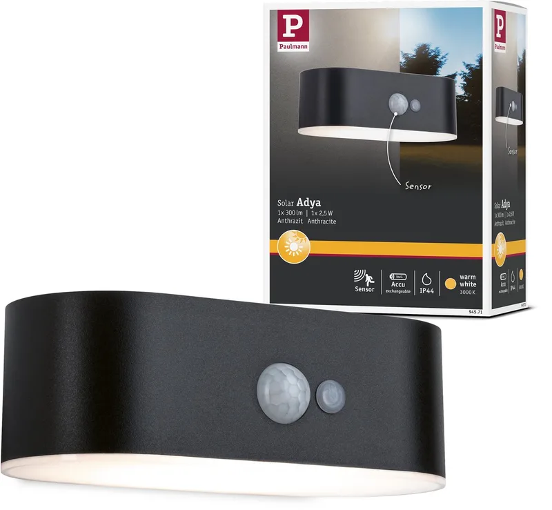 Solar LED-wandarmatuur voor buiten Adya Bewegingsmelder IP44 3000K 200lm från Paulmann i Svart – produktbild