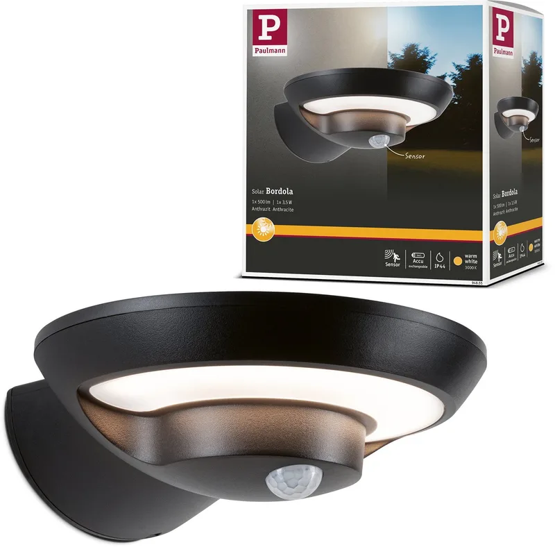Solar LED-wandarmatuur voor buiten Bordola Schemergestuurde bewegingsmelder (IR) IP44 180x211 mm 3000K 3,5W 220lm 3,7V Kunststof från Paulmann i Antracit – produktbild