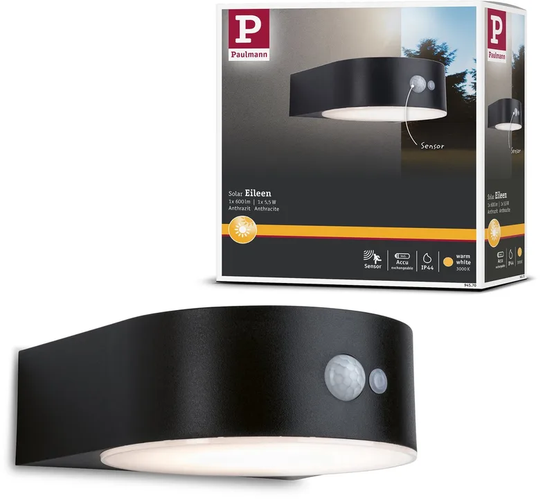 Eileen Solar-LED-Außenwandlampe Sensor von Paulmann in Schwarz – Produktfoto