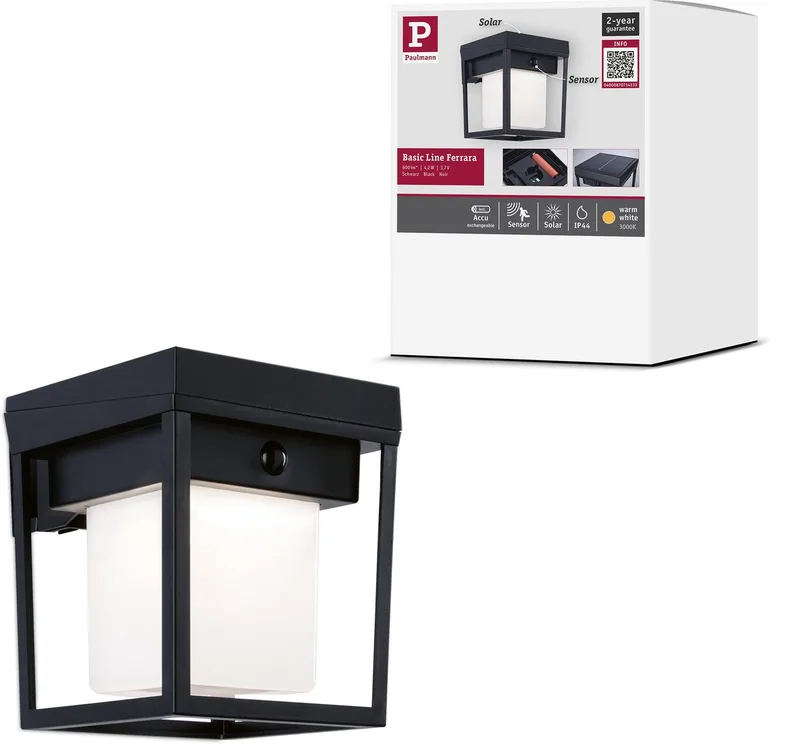 Solar LED-wandarmatuur voor buiten Ferrara IP44 hoekig 121x156 mm 3000K 4,2W 400lm 3,7V de Paulmann en Noir – photo produit