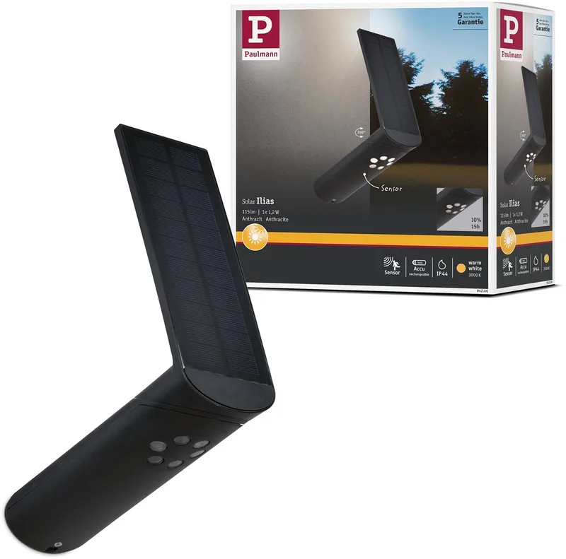 Solar LED-wandarmatuur voor buiten Ilias Bewegingsmelder IP44 3000K 57lm de Paulmann en Anthracite – photo produit
