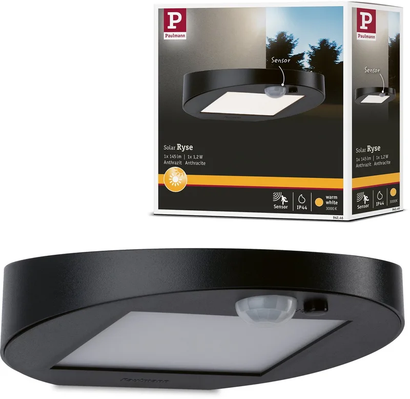Solar LED-wandarmatuur voor buiten Ryse Bewegingsmelder IP44 3000K 30lm från Paulmann i Antracit – produktbild