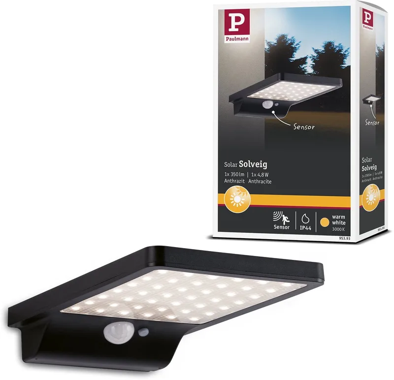 Solar LED-wandarmatuur voor buiten Solveig Bewegingsmelder incl. bewegingsmelder IP44 3000K 338lm van Paulmann in Zwart – productfoto