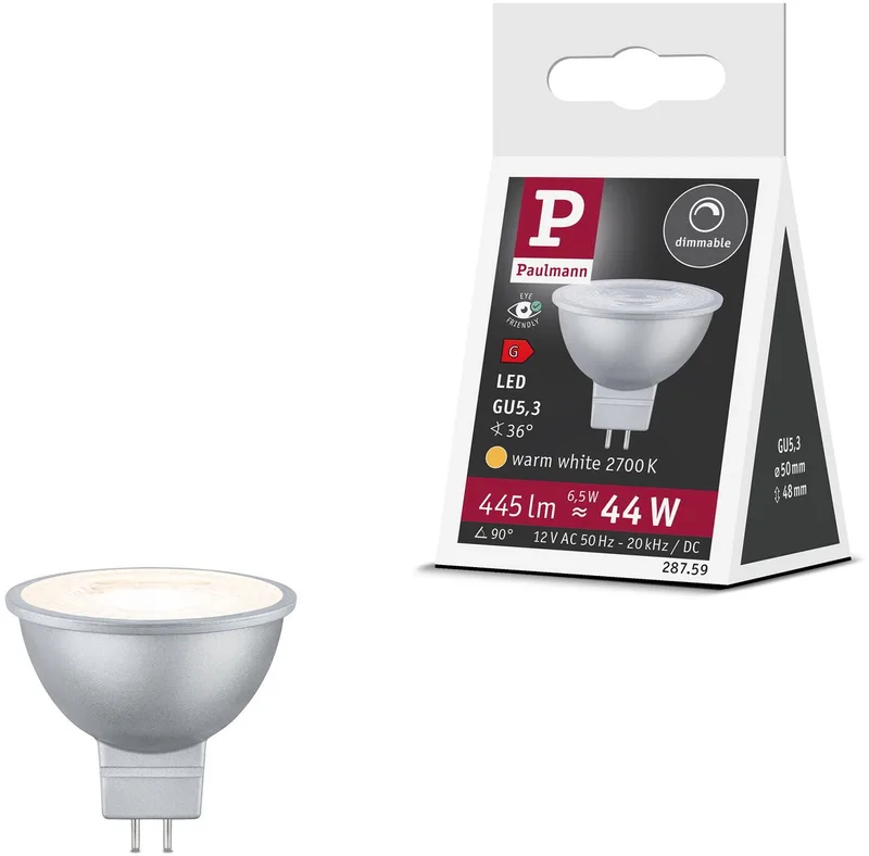 Standaard 12 V LED-reflector GU5,3 Set van 1 445lm 6,5W 2700K dimbaar Chroom mat de Paulmann – photo produit