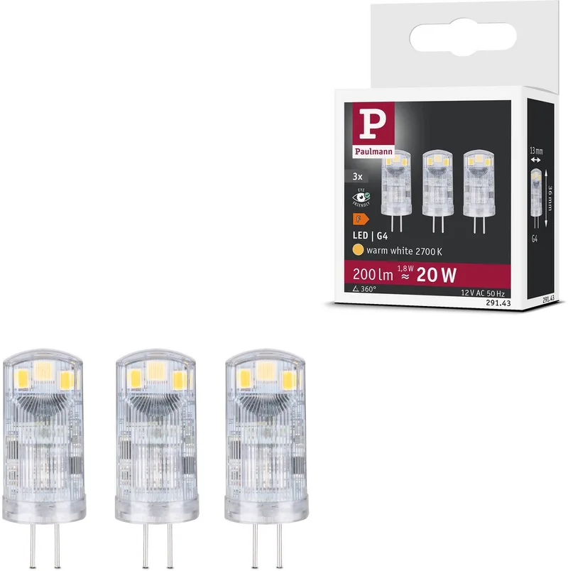 Standaard 12 V LED stiftfitting G4 Set van 3 3x200lm 3x1,8W 2700K Helder de Paulmann – photo produit