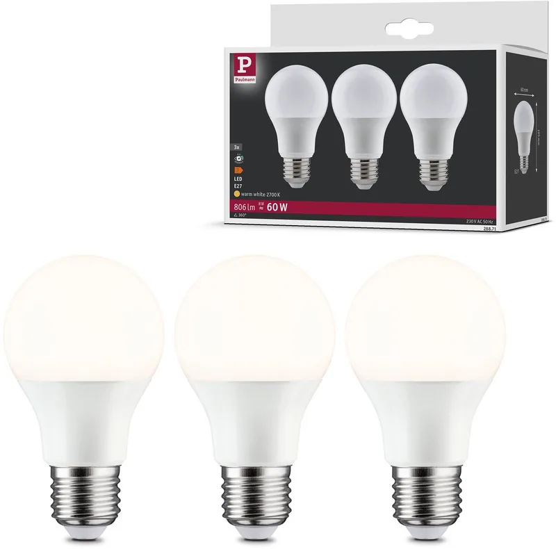 Standaard 230 V LED-gloeilamp E27 Set van 3 3x806lm 3x8W 2700K Opaal by Paulmann – product photo