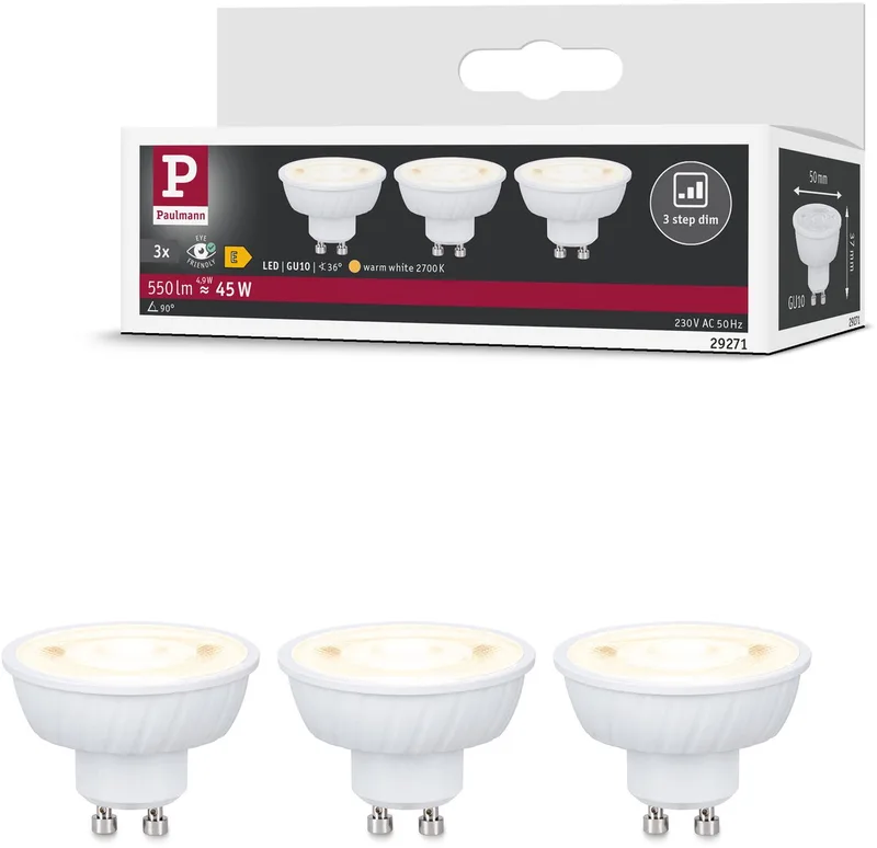 Standaard 230 V LED-reflector GU10 Flat 37 mm 3x550lm 3x4,9W 2700K dimbaar Signaalwit från Paulmann – produktbild