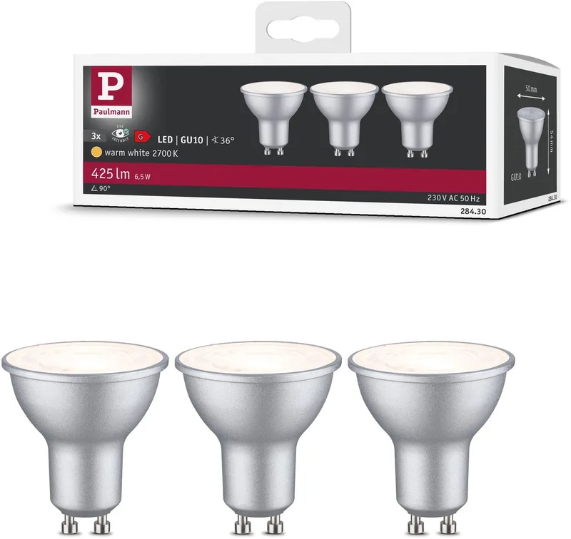 Paulmann 28430 LED CEE G (A - G) GU10 6.5 W blanc chaud (Ø x H) 51 mm x 54 mm 3 pc(s) de Paulmann – photo produit