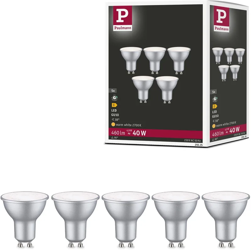 Paulmann 29236 LED CEE E (A - G) GU10 réflecteur 4.9 W blanc neutre (Ø x H) 51 mm x 54 mm 5 pc(s) de Paulmann – photo produit