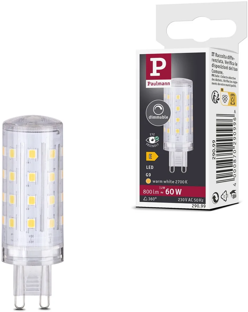 Standaard 230 V LED stiftfitting G9 Set van 1 Dim 800lm 7,2W 2700K dimbaar Helder de Paulmann – photo produit