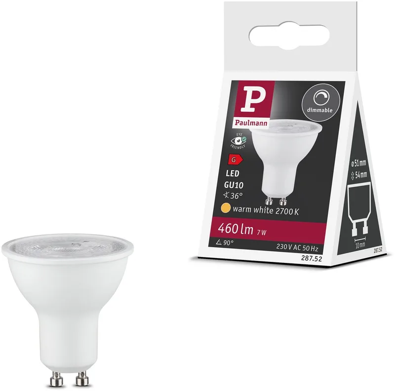 Standaard LED Spot GU10 - 230V - Dimbaar - 460 lm - 7W - 2700K Warmwit - Mat Wit de Paulmann – photo produit