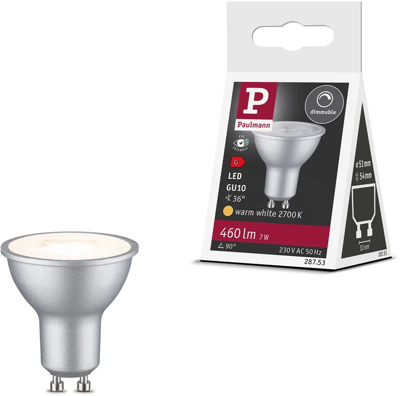 Paulmann 28753 LED CEE G (A - G) GU10 7 W blanc chaud (Ø x H) 51 mm x 54 mm à intensité variable 1 pc(s) de Paulmann – photo produit