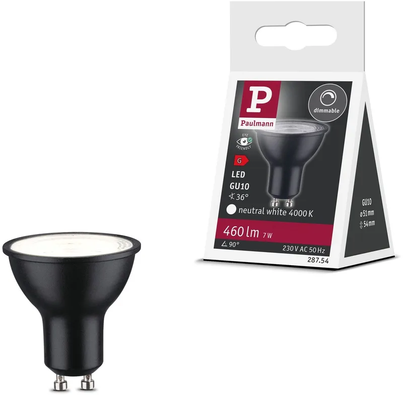 Standaard LED Spot GU10 - 230V - Dimbaar - 460 lm - 7W - 4000K Neutraal Wit - Zwart Mat de Paulmann – photo produit