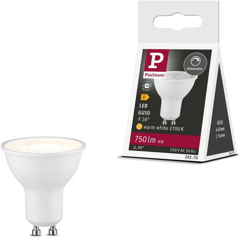 Standaard LED Spot GU10 - 230V - Dimbaar - 750 lm - 8W - 2700K Warmwit - Mat Wit van Paulmann – productfoto