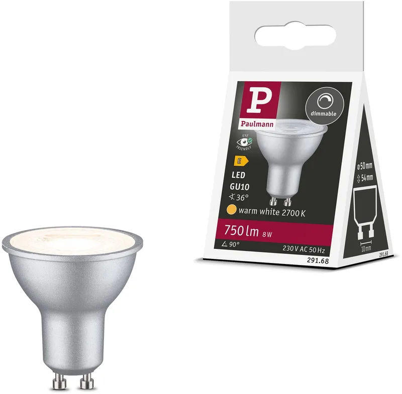 Paulmann 29168 LED CEE E (A - G) GU10 réflecteur 8 W blanc chaud (Ø x H) 50 mm x 54 mm 1 pc(s) de Paulmann – photo produit