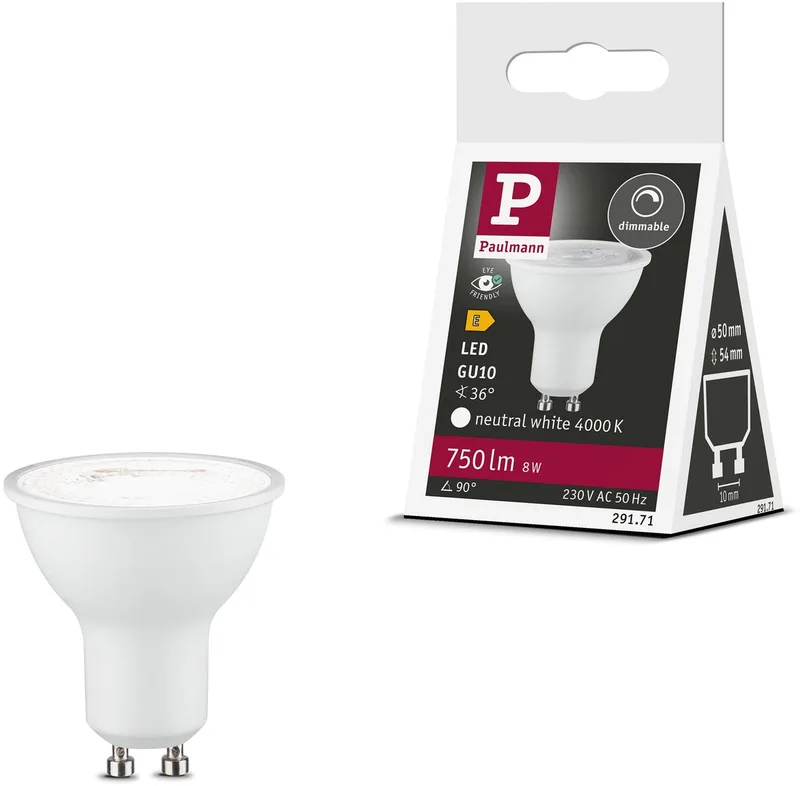 Paulmann 29171 LED CEE E (A - G) GU10 réflecteur 8 W blanc neutre (Ø x H) 50 mm x 54 mm 1 pc(s) de Paulmann – photo produit