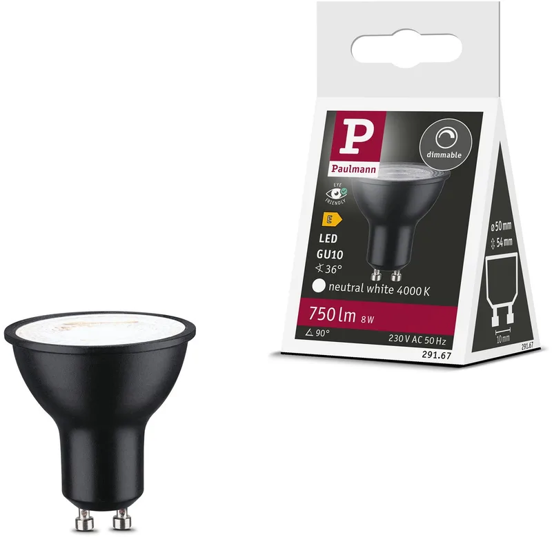 Paulmann 29167 LED CEE E (A - G) GU10 réflecteur 8 W blanc neutre (Ø x H) 50 mm x 54 mm 1 pc(s) de Paulmann – photo produit
