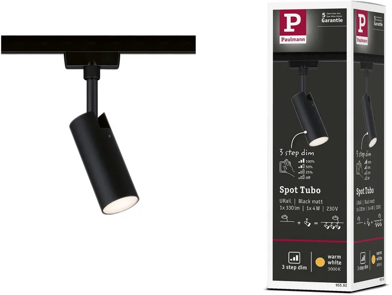 URail Railspot 3-Step-Dim Tubo Losse spot 190lm 4W 3000K dimbaar 230V by Paulmann in Zwart mat – product photo
