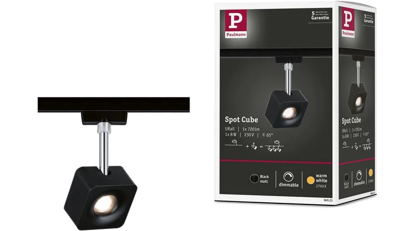 URail Railspot Cube Losse spot 540lm 8W 2700K dimbaar 230V Zwart mat, Chroom van Paulmann in Zwart mat, Chroom – productfoto