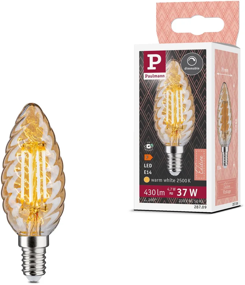 Vintage Edition Standaard 230 V LED kaars E14 gedraaid glas 430lm 4,7W 2500K dimbaar Goud van Paulmann – productfoto