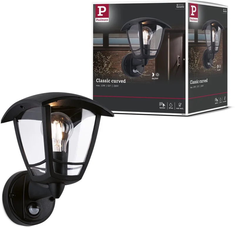 Wandarmaturen voor buiten Classic Curved Schemergestuurde bewegingsmelder (IR) IP44 hoekig 164x230 mm max. 12W 230V Kunststof by Paulmann in Black – product photo