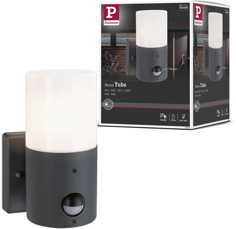 Wandarmaturen voor buiten Tubs Schemergestuurde bewegingsmelder (IR) IP44 rond 105x175 mm max. 15W 230V Metaal, Kunststof by Paulmann in Grijs mat – product photo
